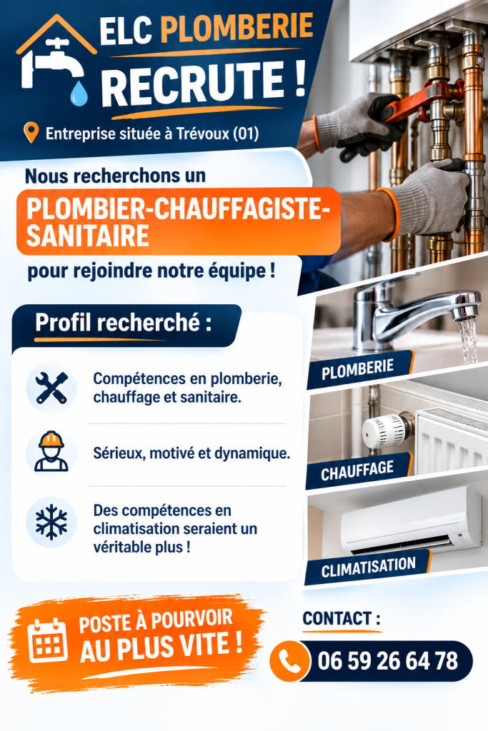 🔧 ELC Plomberie recrute à Trévoux ! Nous recherchons un plombier-chauffagiste-sanitaire (H/F)